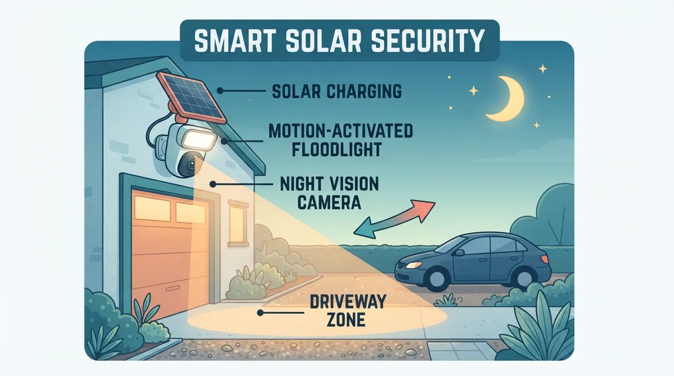 Camera na may floodlight at solar panel sa dingding ng garahe