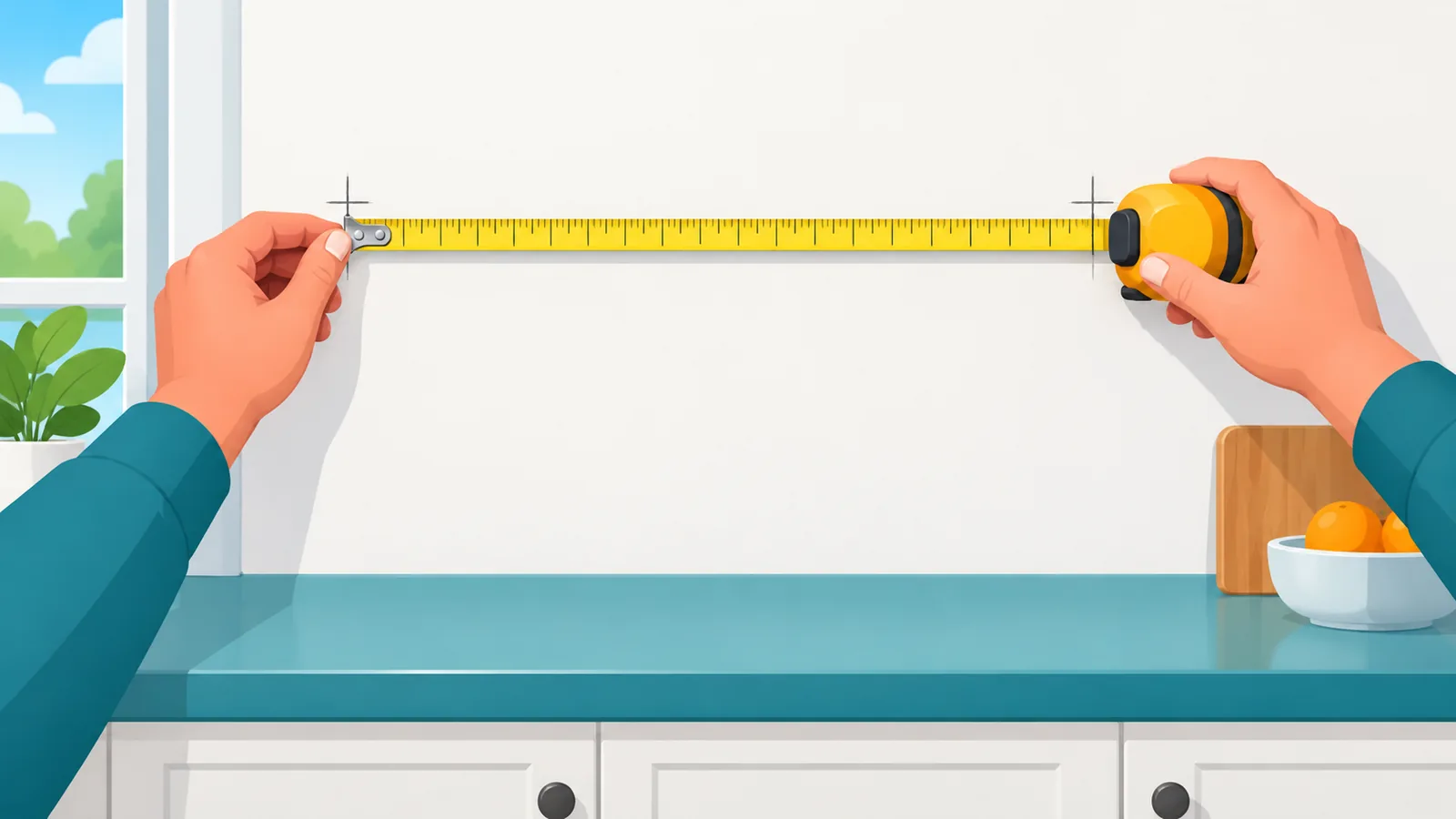 Pagsukat ng pader ng kusina gamit ang tape measure