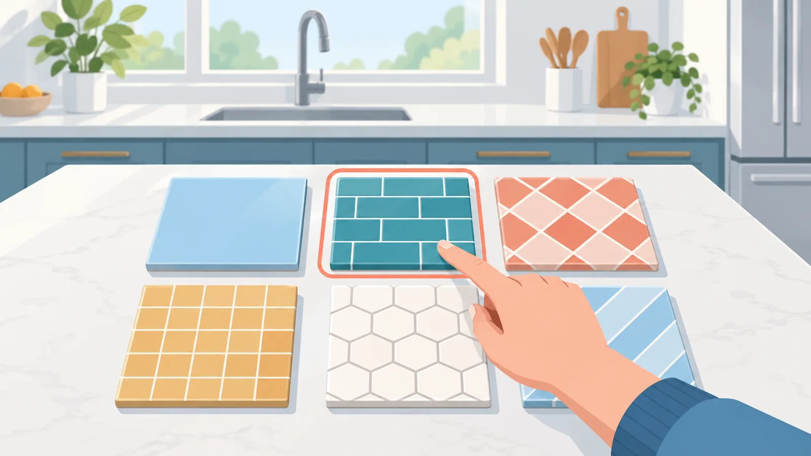 Kamay na nagtuturo sa mga sample ng tile