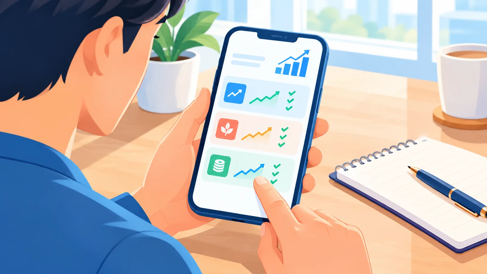 Taong sumusuri sa mga detalye ng broker sa screen ng telepono