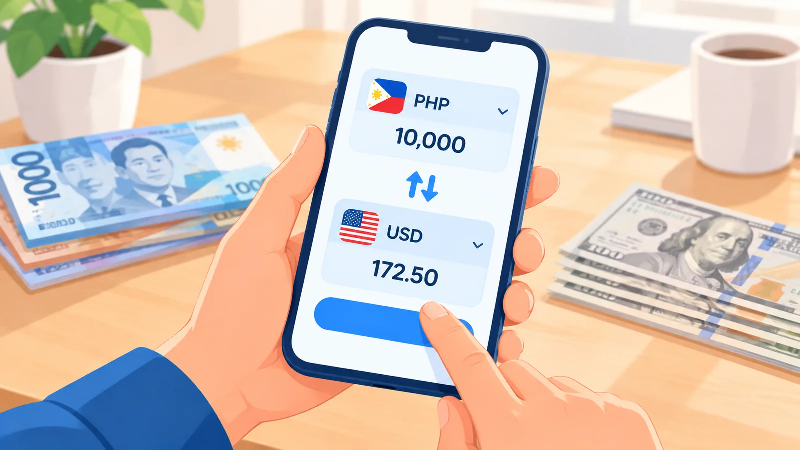 Pagpapalit ng piso sa dolyar sa isang mobile banking app