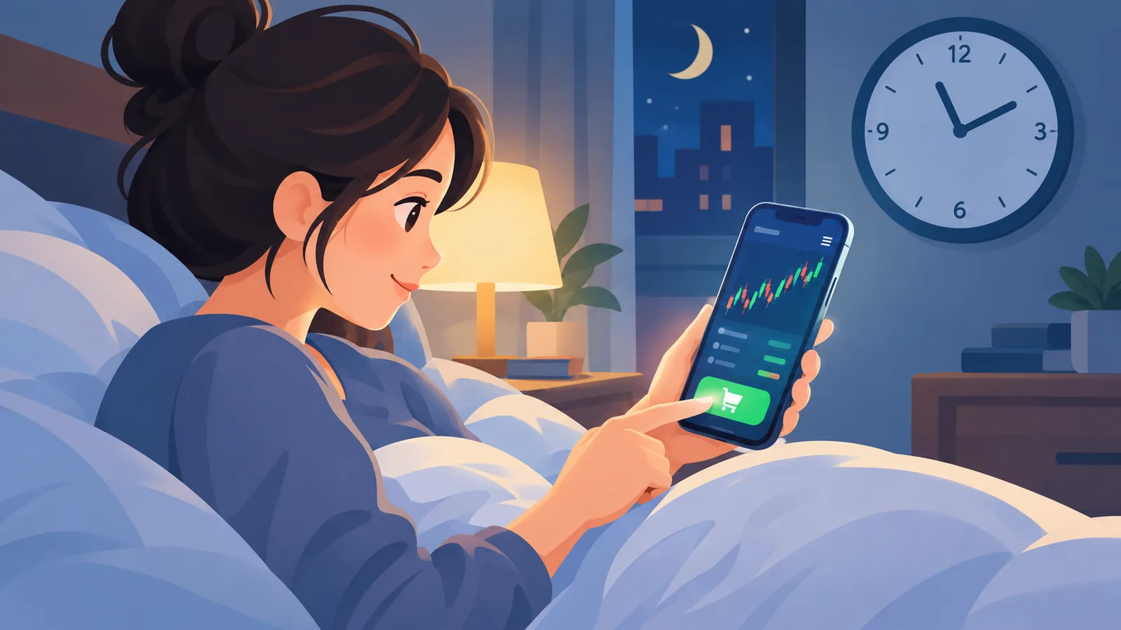 Taong naglalagay ng order sa trading app sa gabi