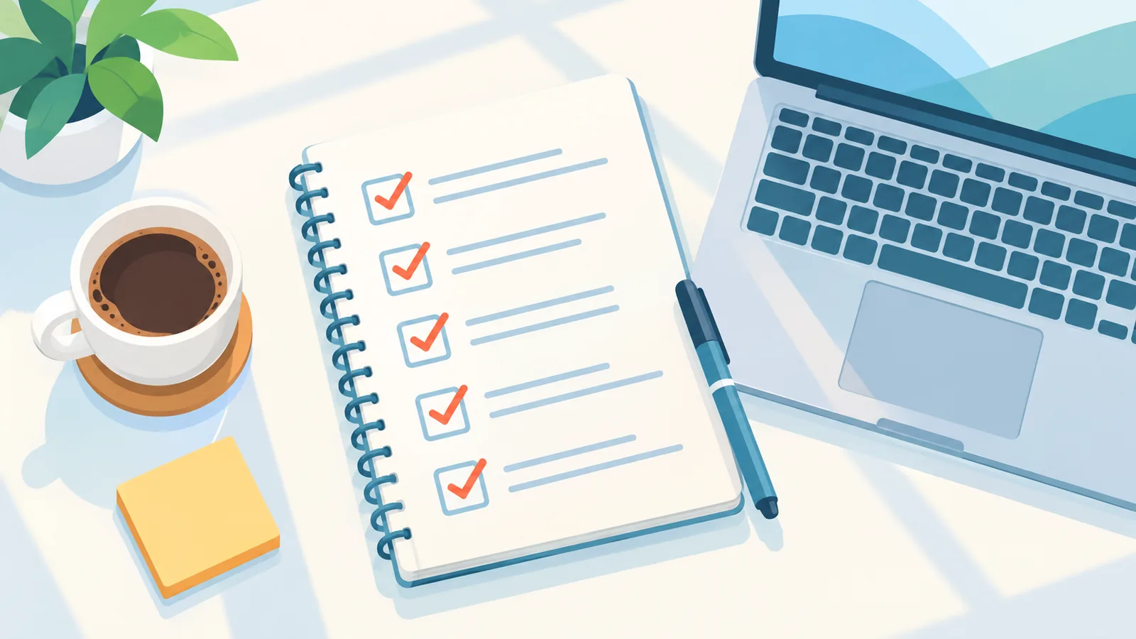 Checklist na may mga tsek sa tabi ng laptop at kape
