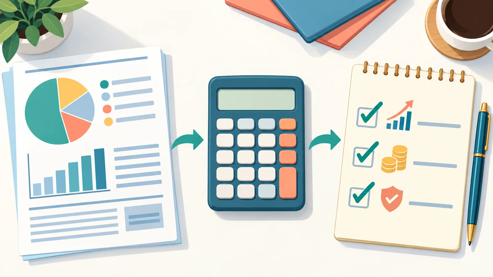 Calculator at tseklis sa mesa para sa paghahambing ng mga pondo