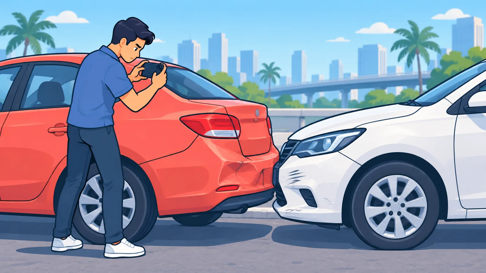 Drayber na kumukuha ng litrato ng pinsala ng sasakyan sa gilid ng kalsada