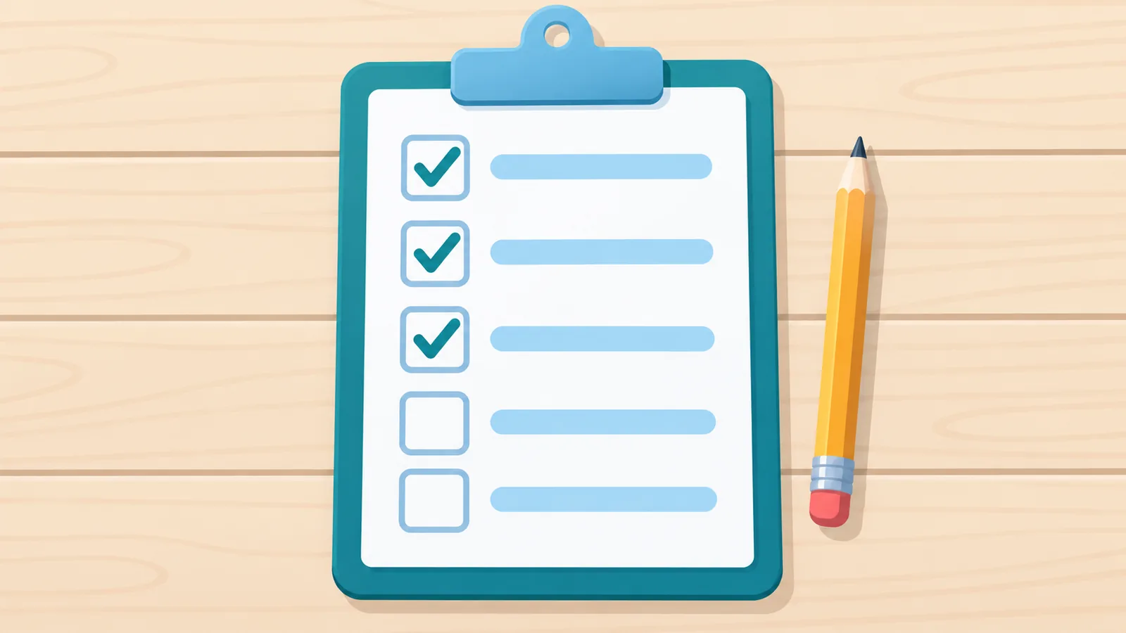 Checklist sa clipboard na may lapis sa tabi