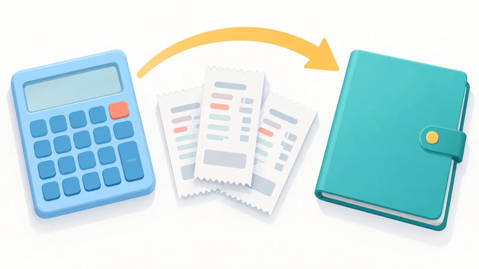 Calculator, resibo, at folder ng kasunduan sa mesa
