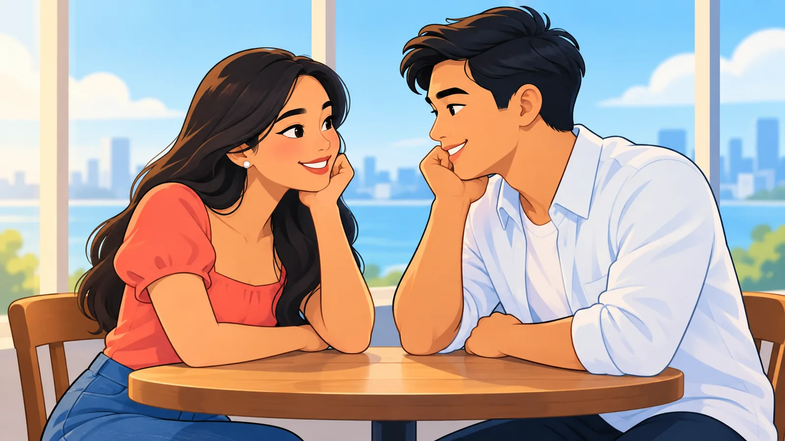 Magkapareha na magkaharap sa mesa ng café na nag-uusap nang maluwag ang loob