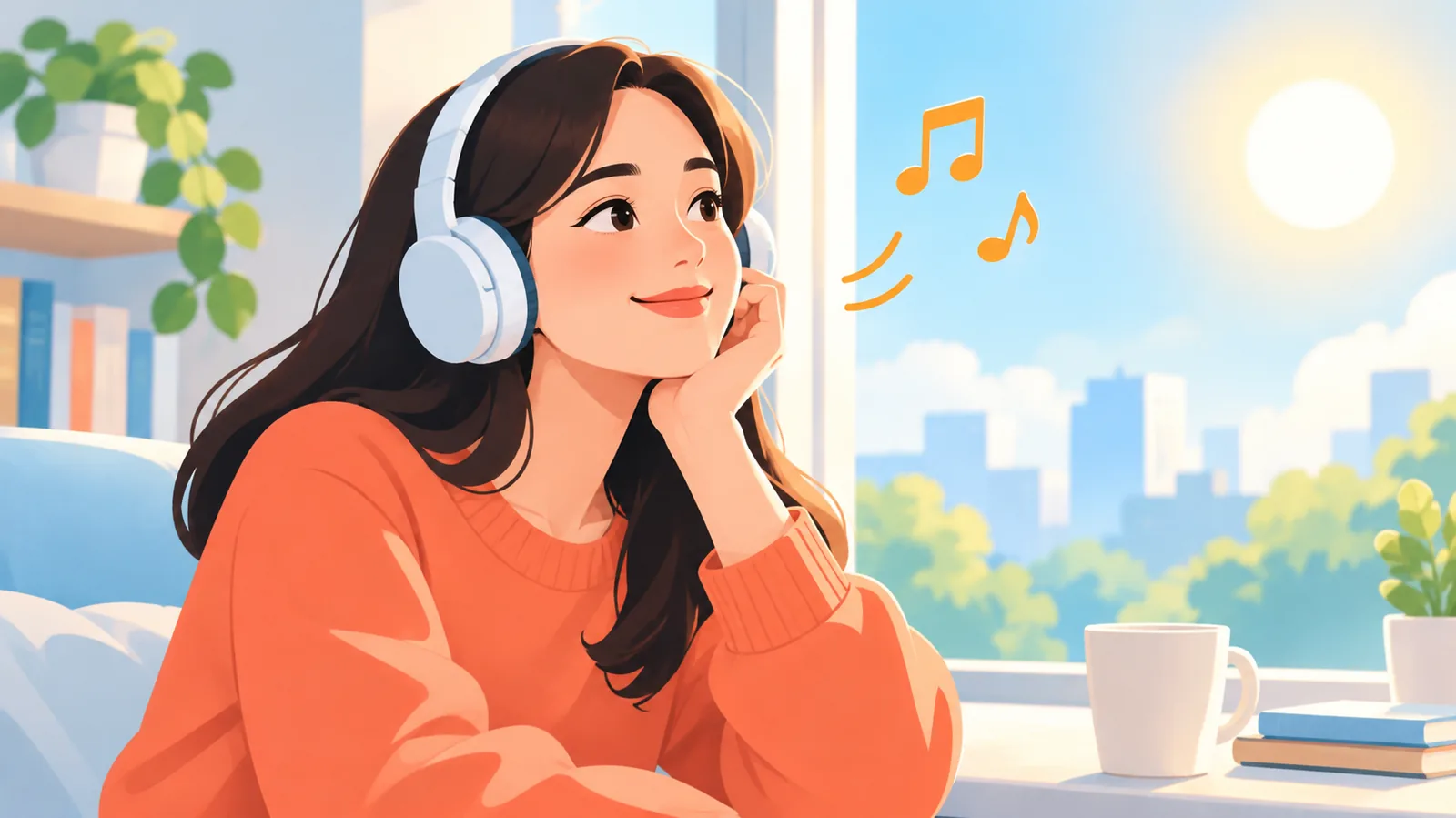 Babaeng nakikinig ng musika sa tabi ng bintana habang nakangiti
