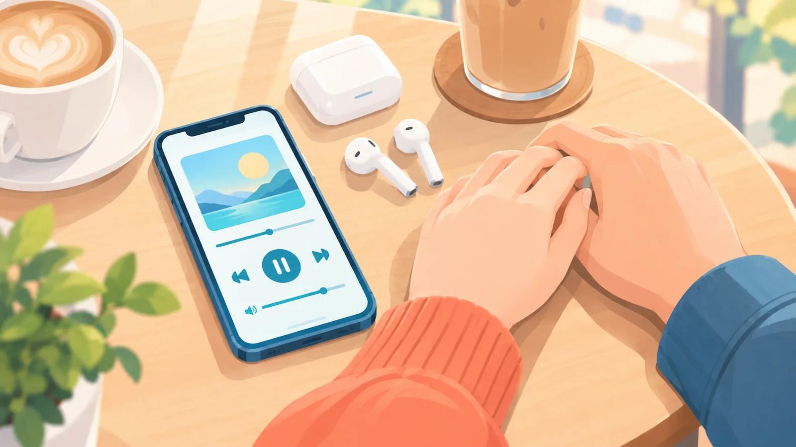 Magkasintahang magkahawak-kamay sa mesa sa tabi ng telepono at earbuds