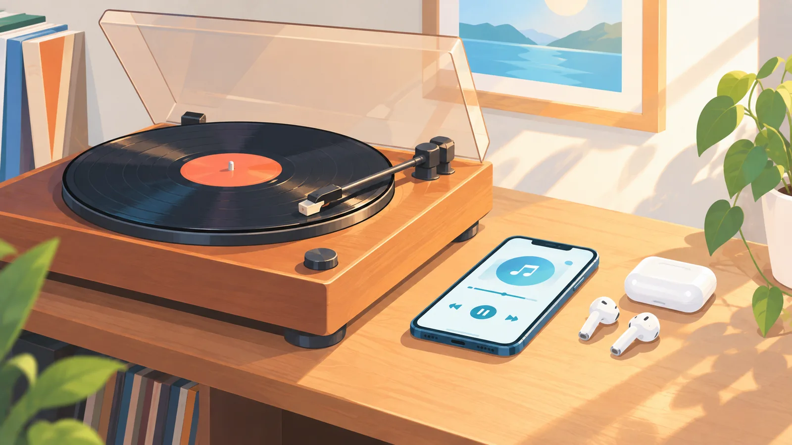 Lumang record player katabi ng modernong telepono at earbuds
