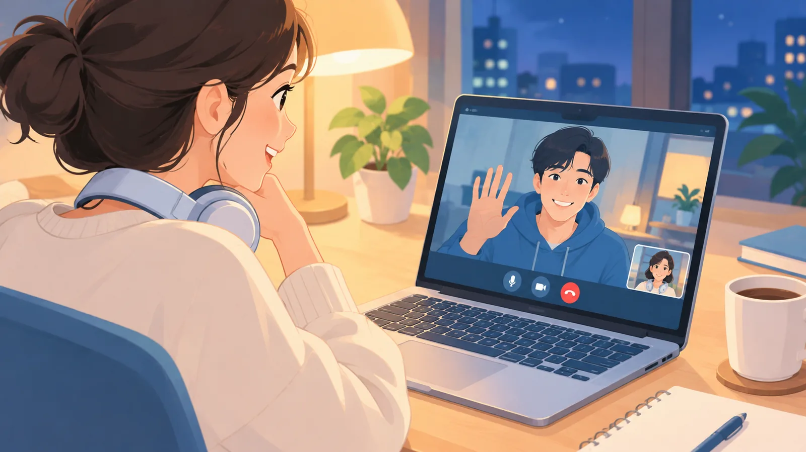 Babaeng nakangiti sa video call sa gabi