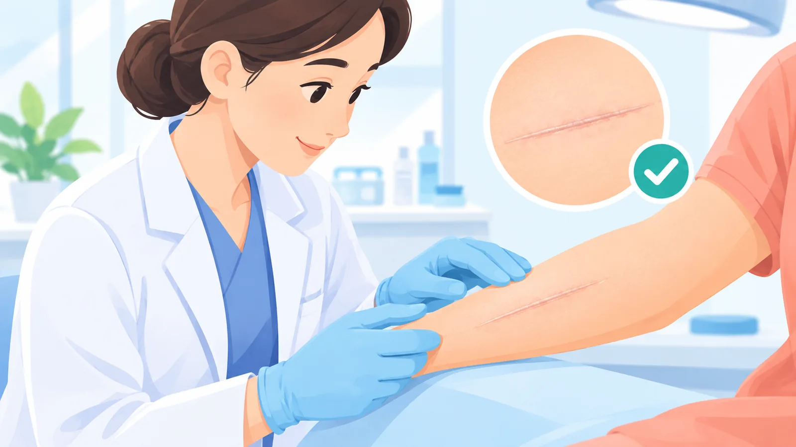 Dermatologo na sinusuri ang gumaling na peklat sa braso ng pasyente