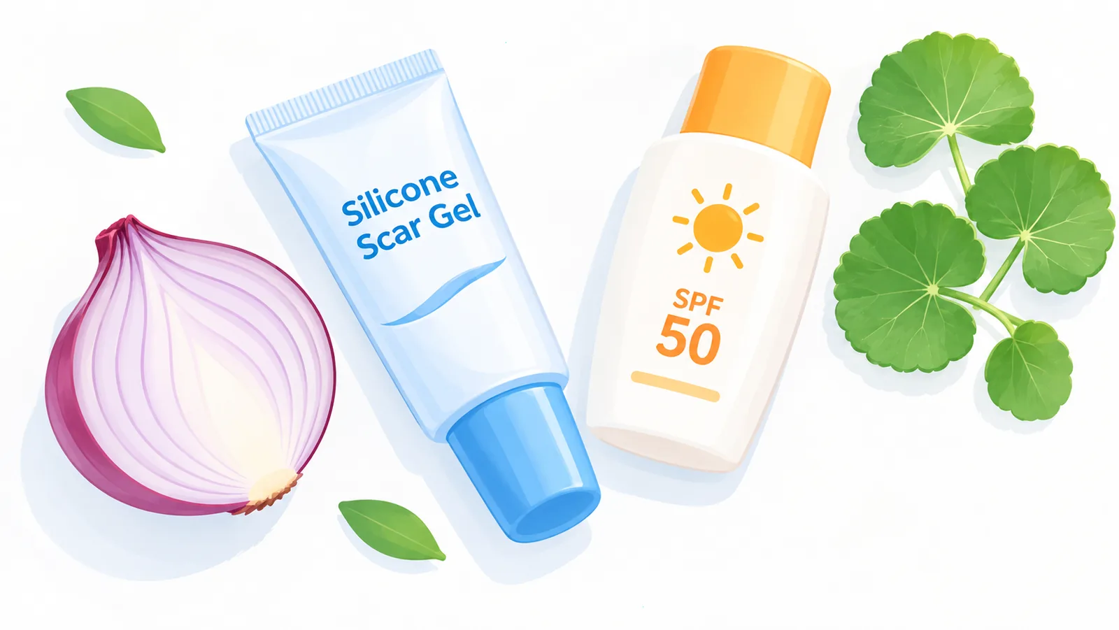 Silicone gel, sunscreen, sibuyas, at dahon ng centella sa puting mesa