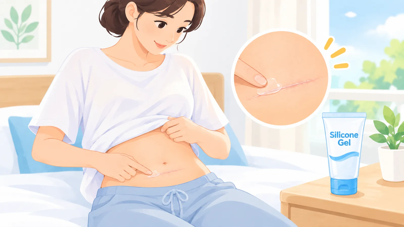 Babaeng naglalagay ng gel sa peklat sa tiyan sa loob ng silid