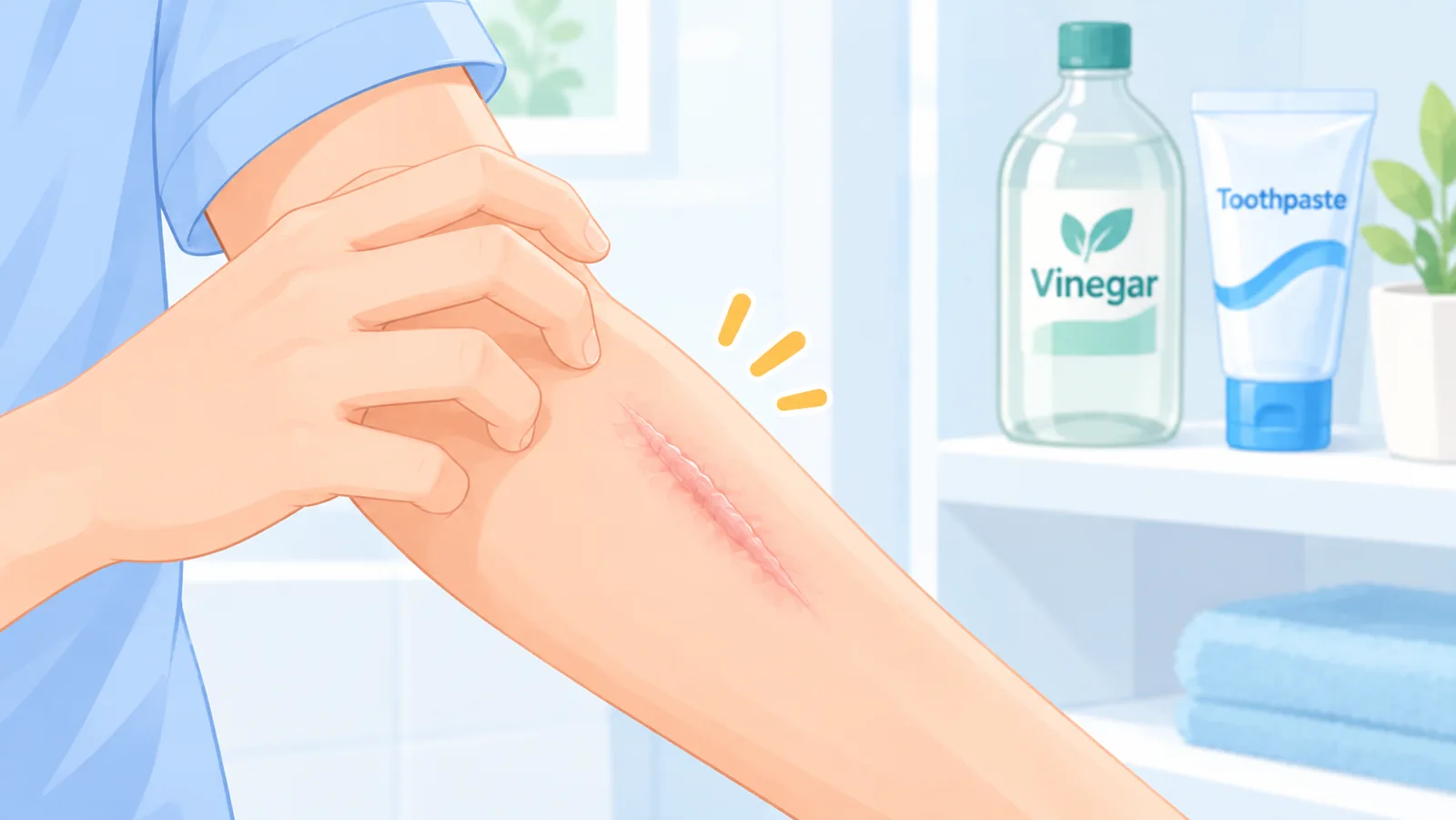 Kamay na malapit sa makating peklat at mga lutong-bahay na produkto sa likod