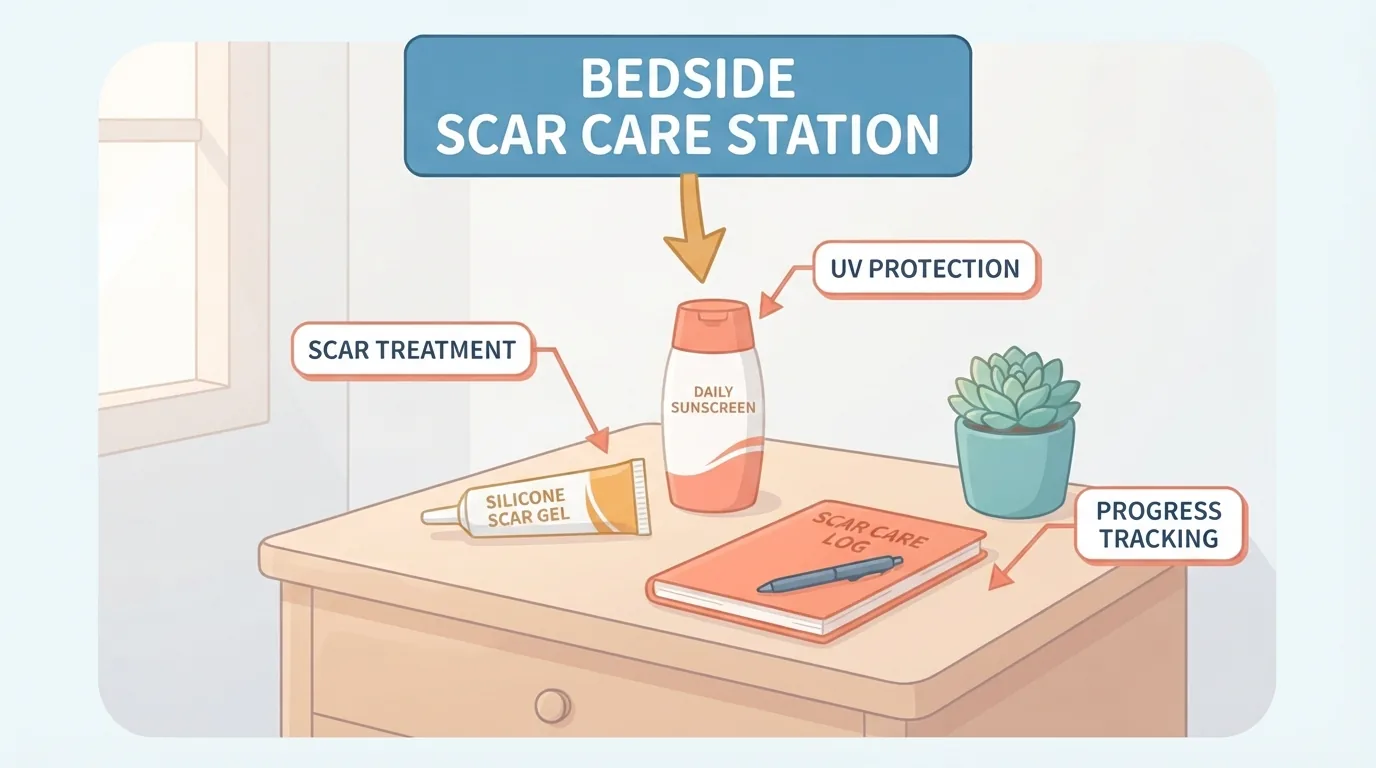 Maayos na mesa sa tabi ng kama na may scar gel, sunscreen, at kuwaderno