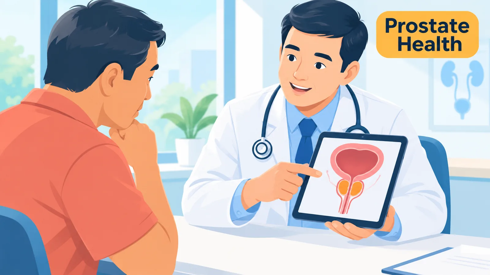 Doktor na nagpapaliwanag ng anatomiya ng prostate sa isang pasyente