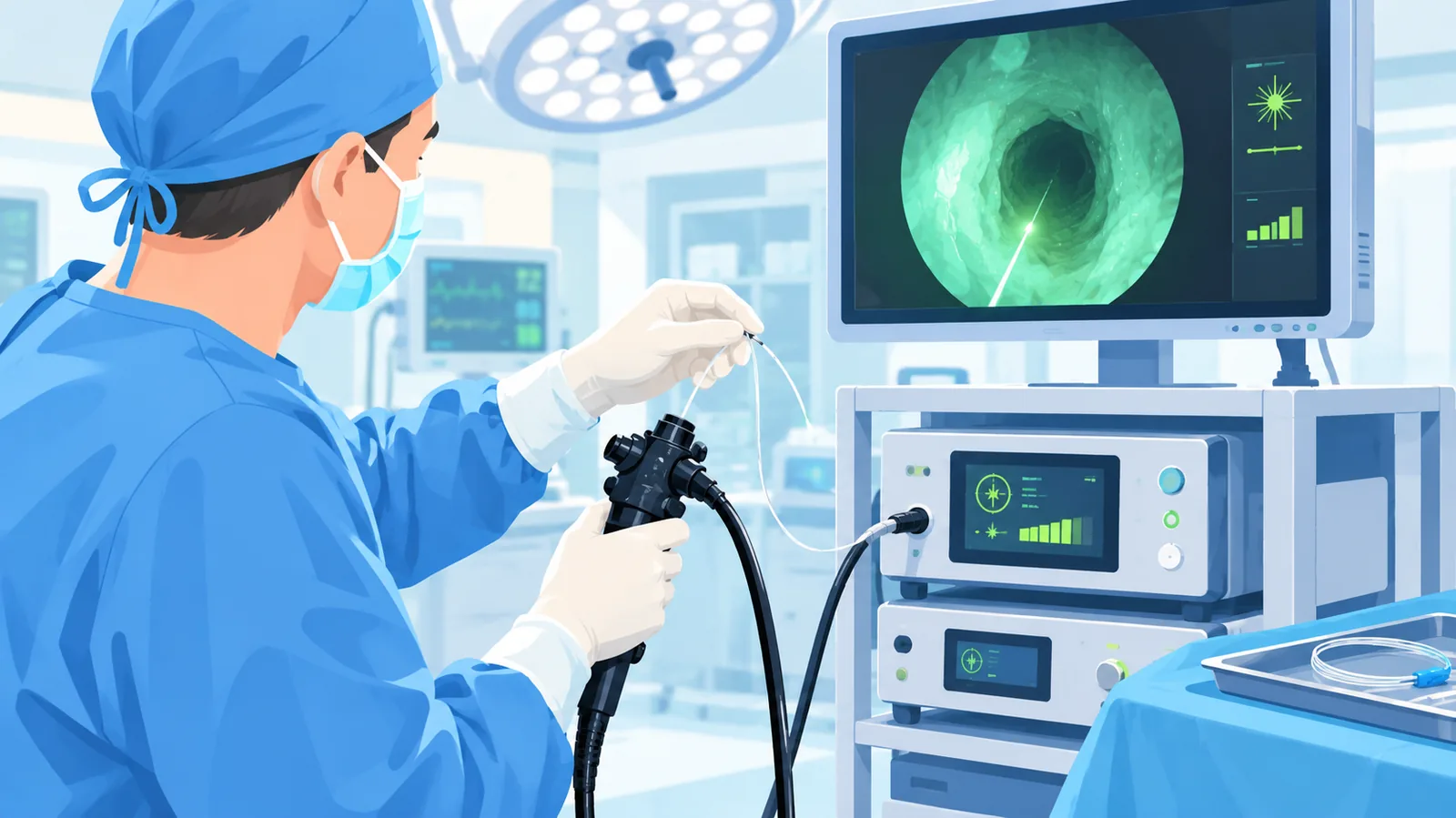 Urologist na naghahanda ng kagamitang laser para sa HoLEP