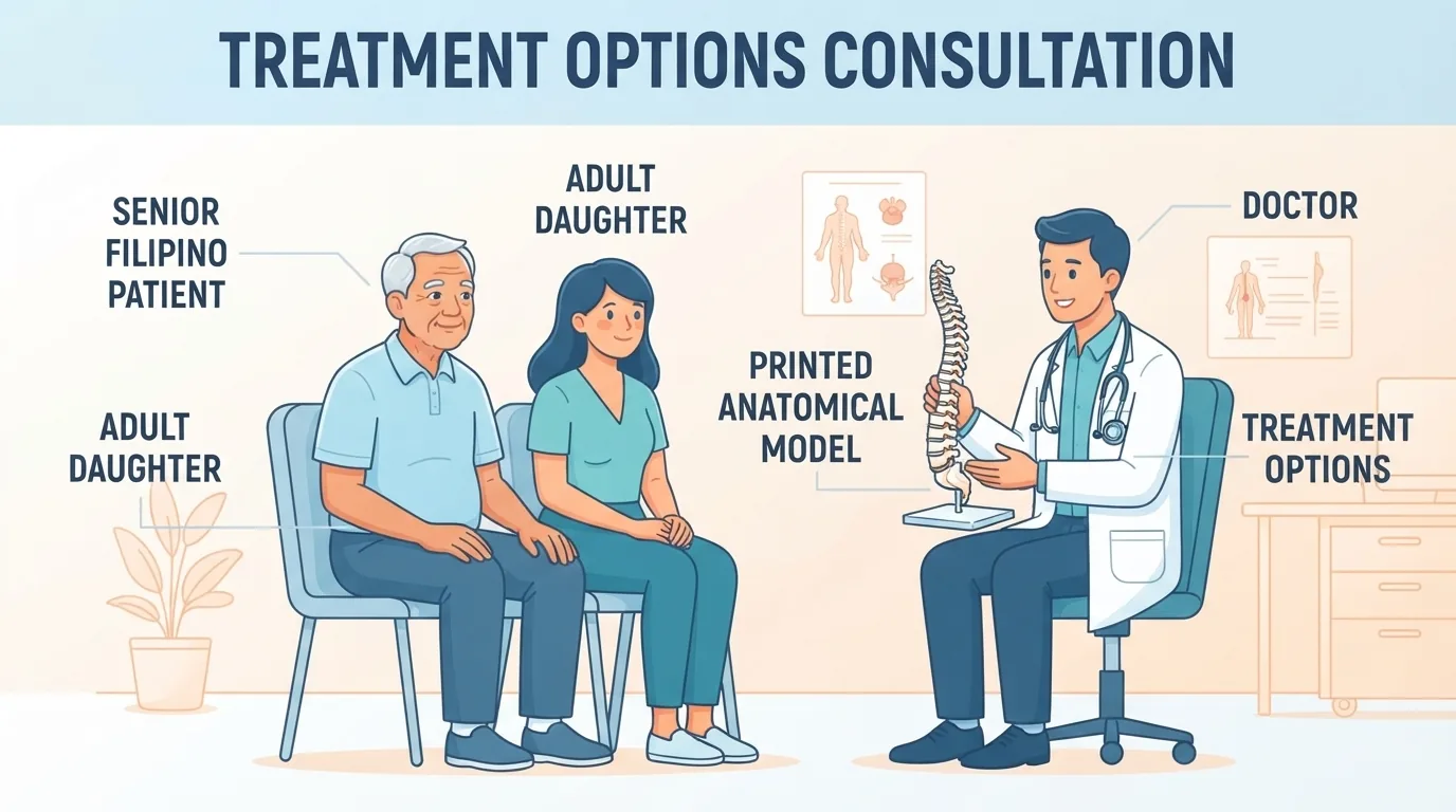 Pasyente at anak na nakikinig sa paliwanag ng doktor tungkol sa mga opsyon