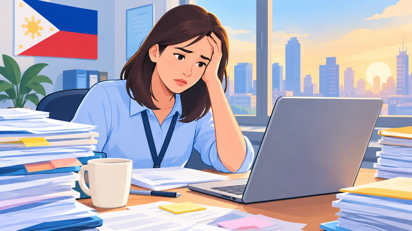 Empleyadong pagod na nakatingin sa tambak na papeles sa mesa sa isang opisina sa Pilipinas