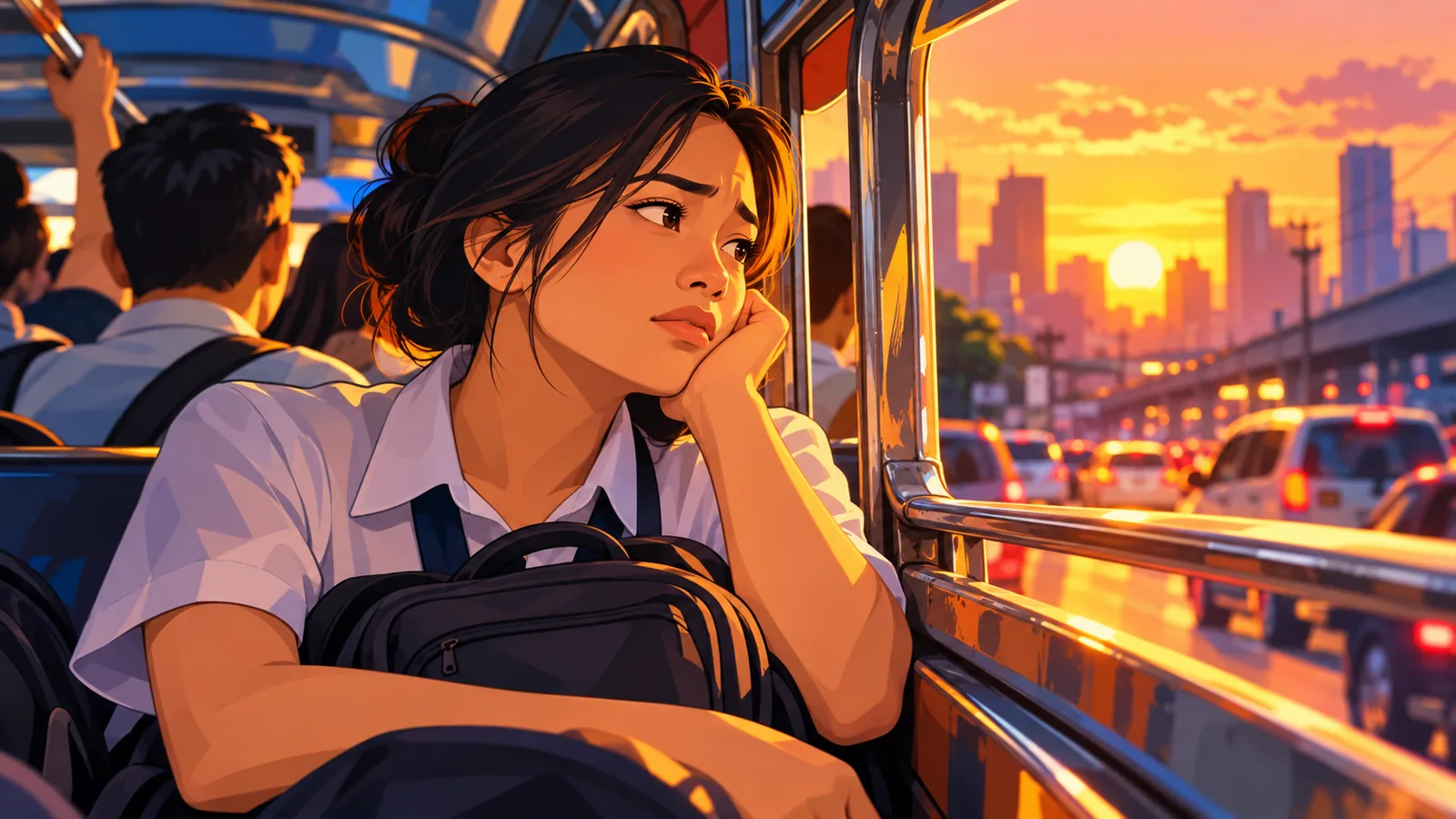 Pagod na empleyadong Pilipino na nakaupo sa siksikang jeepney pauwi mula sa trabaho