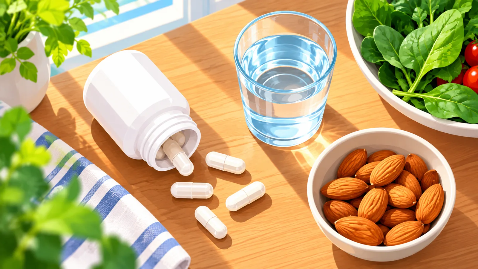Mga kapsula ng magnesium at baso ng tubig sa mesa sa kusina