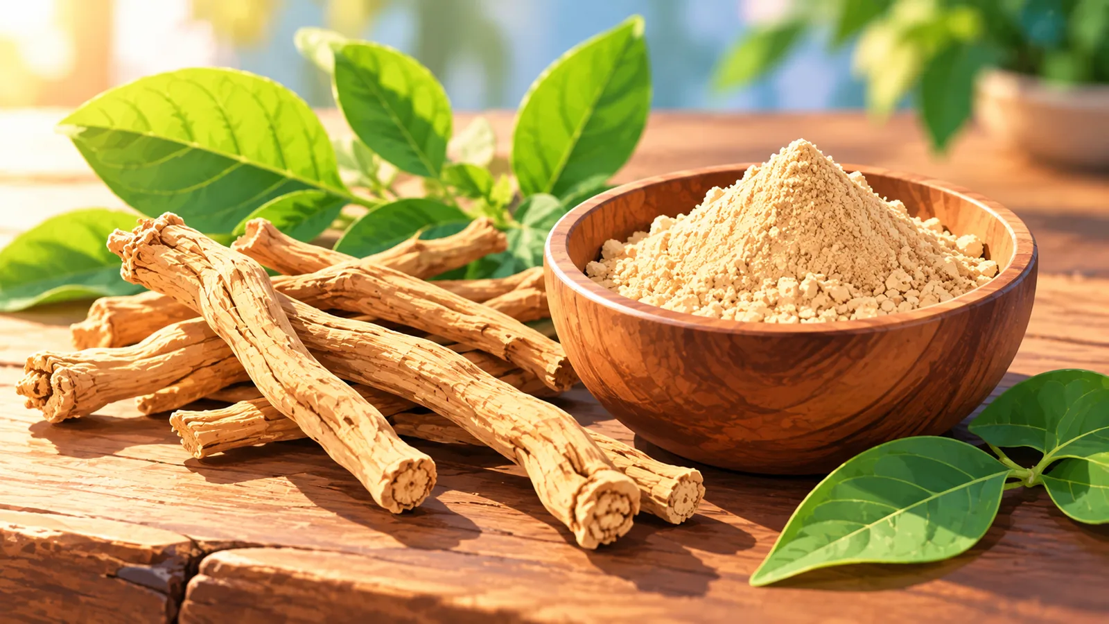 Pinatuyong ugat at pulbos ng ashwagandha sa kahoy na mangkok