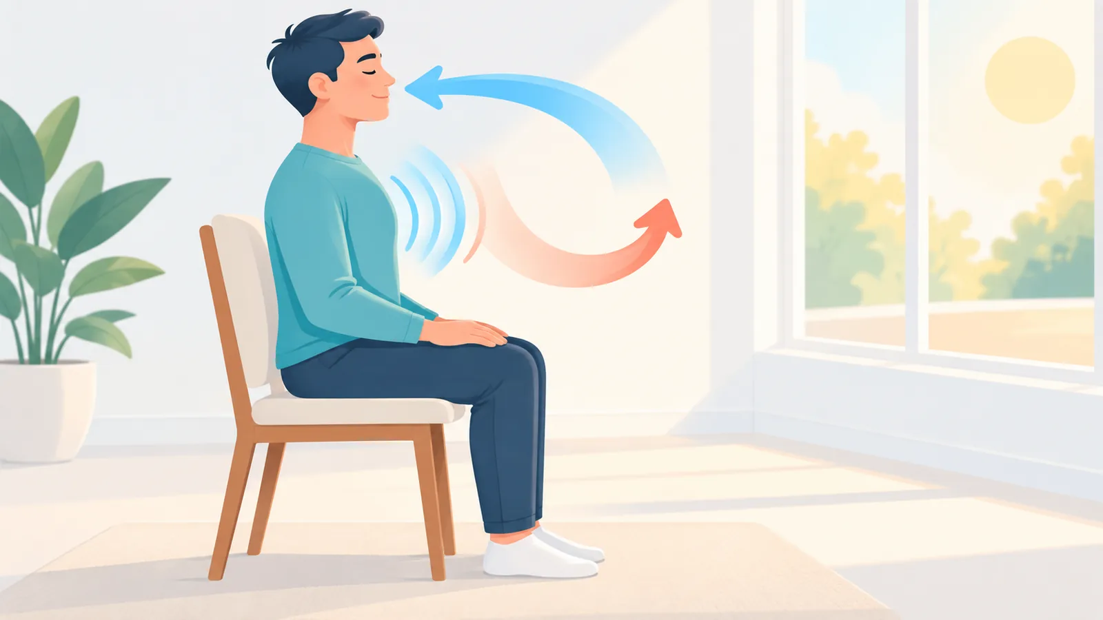 Taong nagmemeditate nang nakaupo na nakapikit at nakatuon sa paghinga