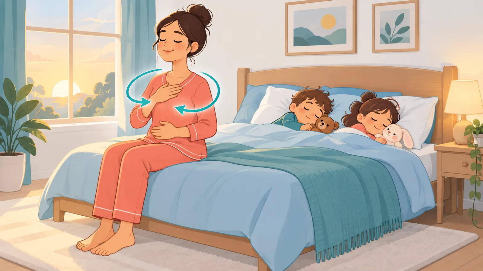 Magulang na humihinga nang malalim habang natutulog ang mga anak