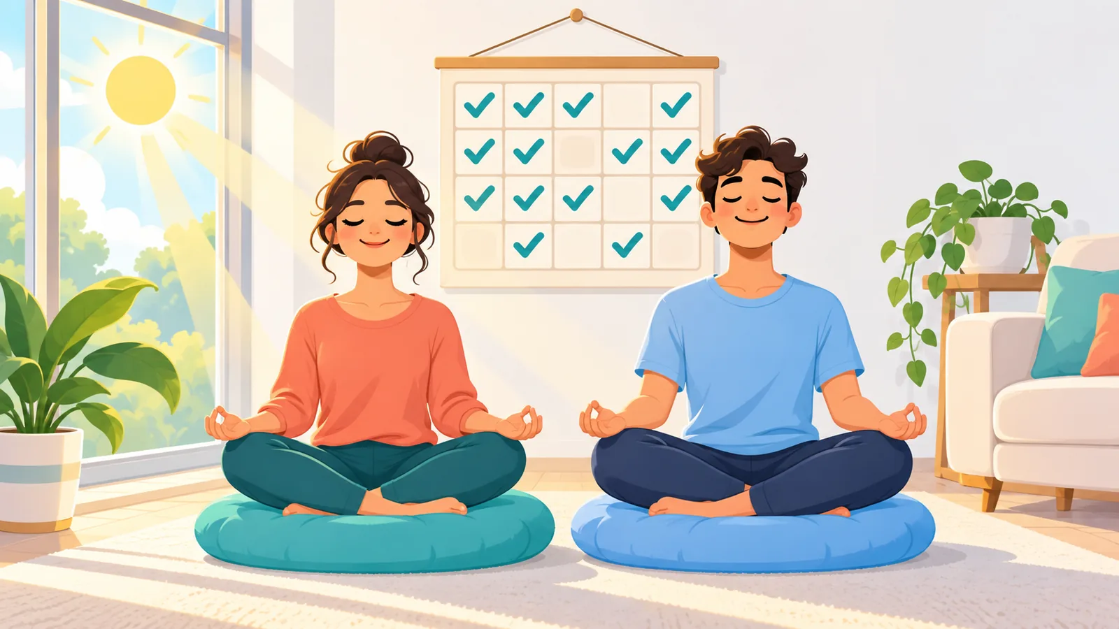 Dalawang magkaibigang sabay na nagmemeditate sa sala