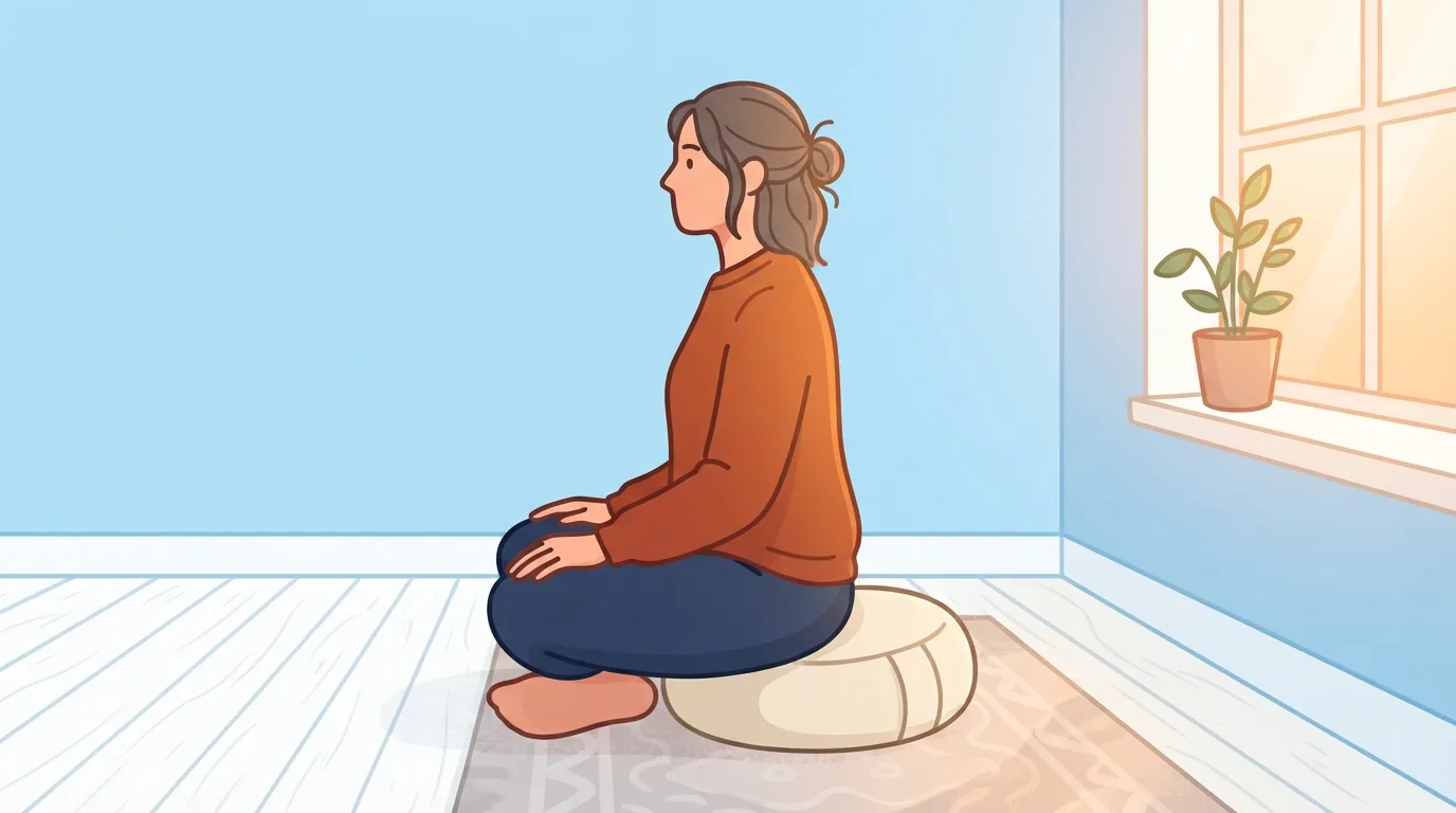 Taong nakaupo nang tuwid sa bilog na meditation cushion sa tahimik na sulok ng bahay