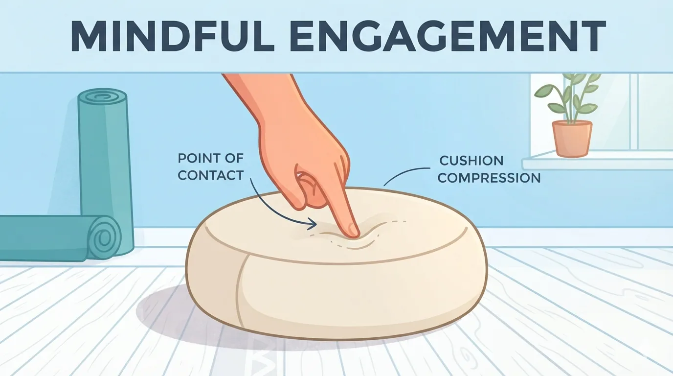 Kamay na dahan-dahang pumipindot sa bilog na cushion sa sahig na kahoy