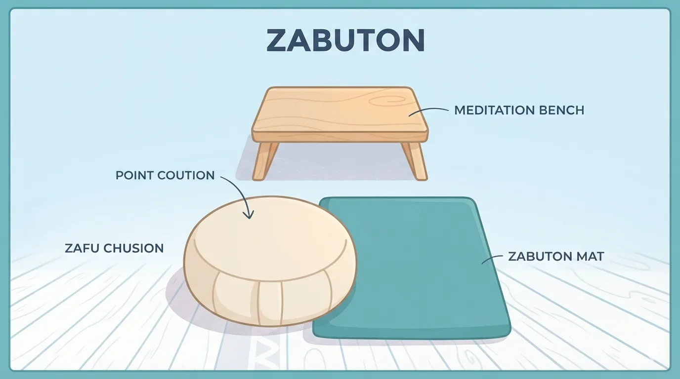Zafu, zabuton, at bangkito na magkakatabi sa sahig