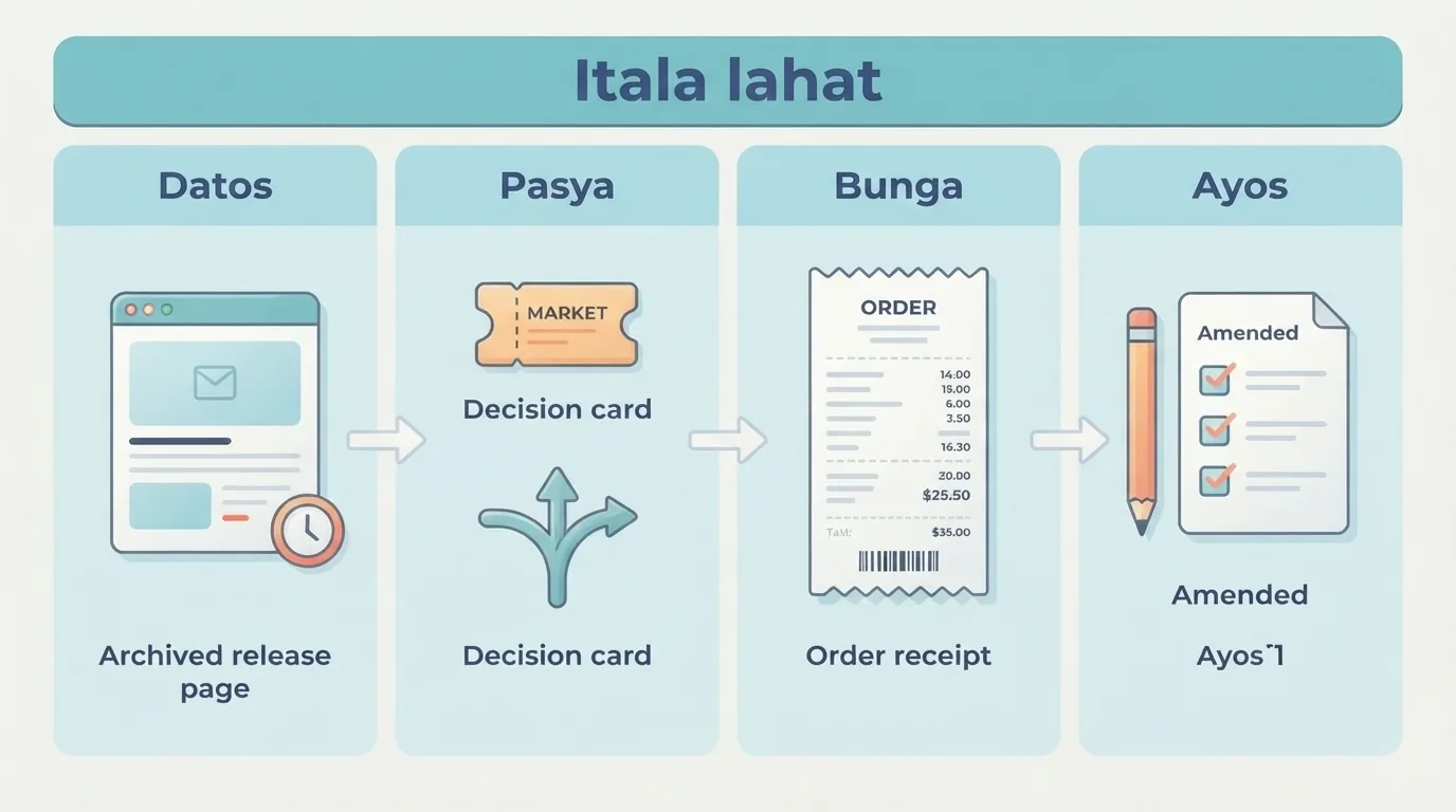 Talaan para sa datos na alam noon, pasya sa pangangalakal, resulta ng order, at mga susunod na pagwawasto.