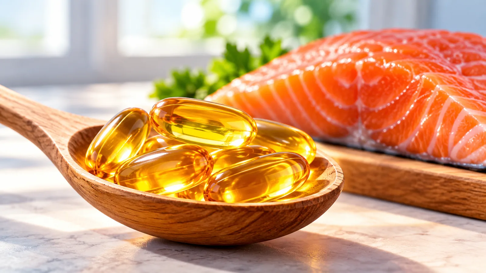 Mga capsule ng fish oil sa kutsara katabi ng sariwang isda sa mesa sa kusina