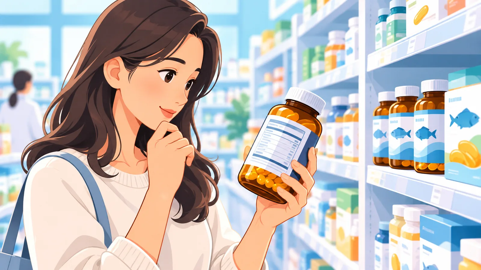 Taong nagbabasa ng label sa likod ng bote ng fish oil sa botika