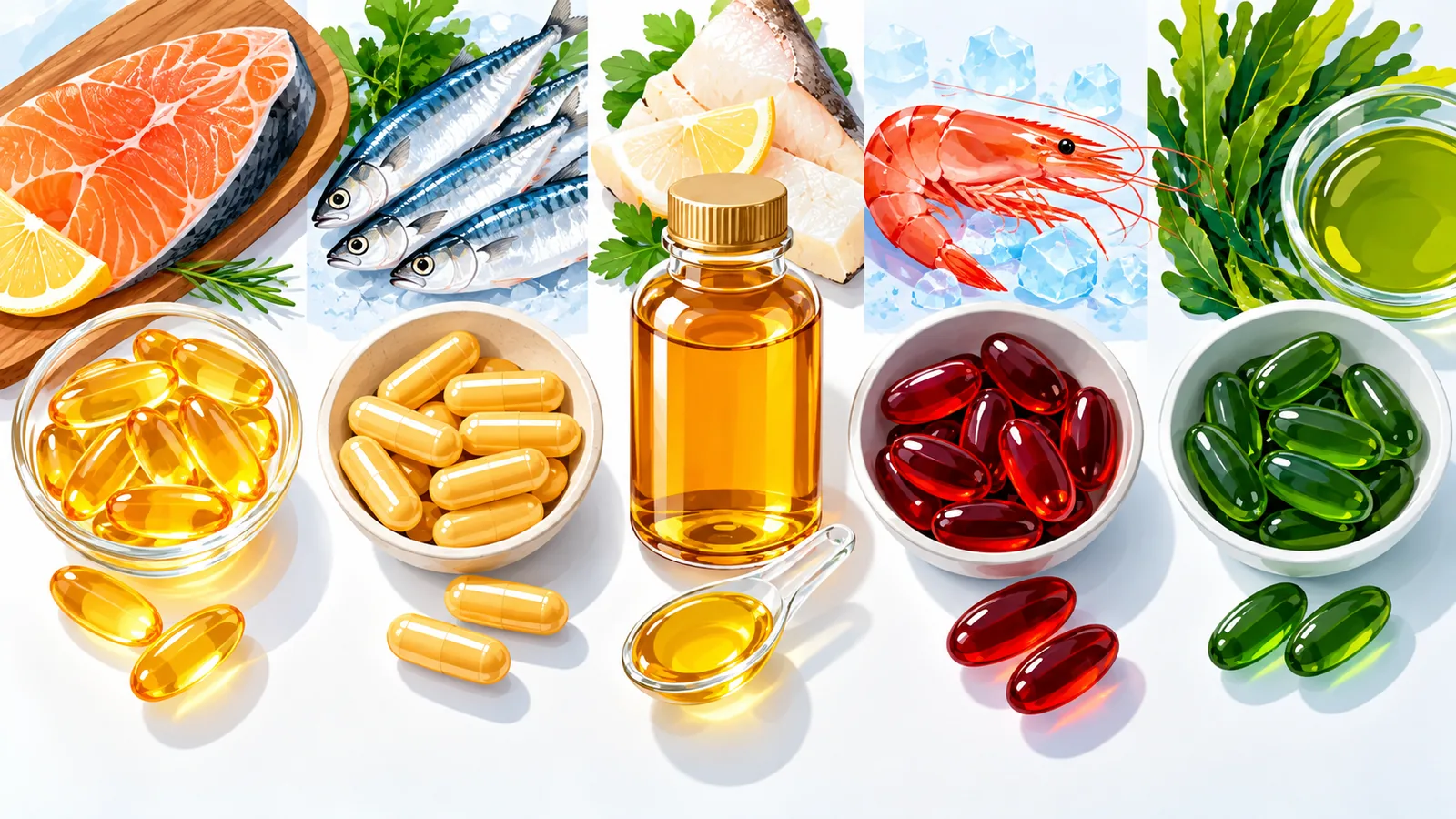 Iba't ibang uri ng omega-3 supplement na magkakatabi sa mesa