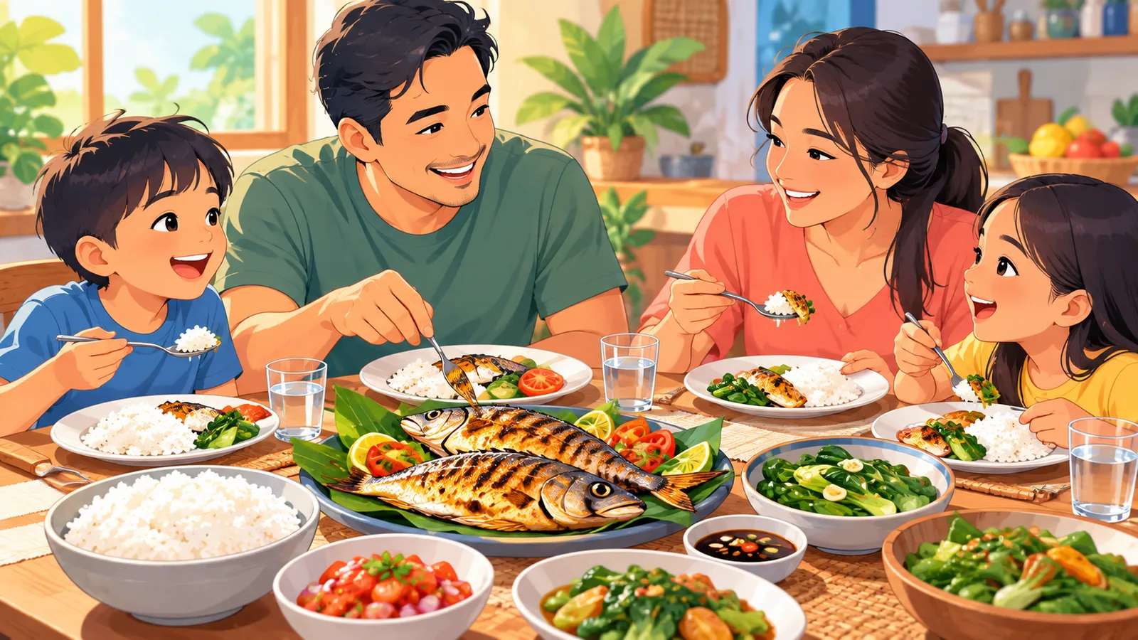 Pamilyang kumakain ng inihaw na isda sa hapag-kainan