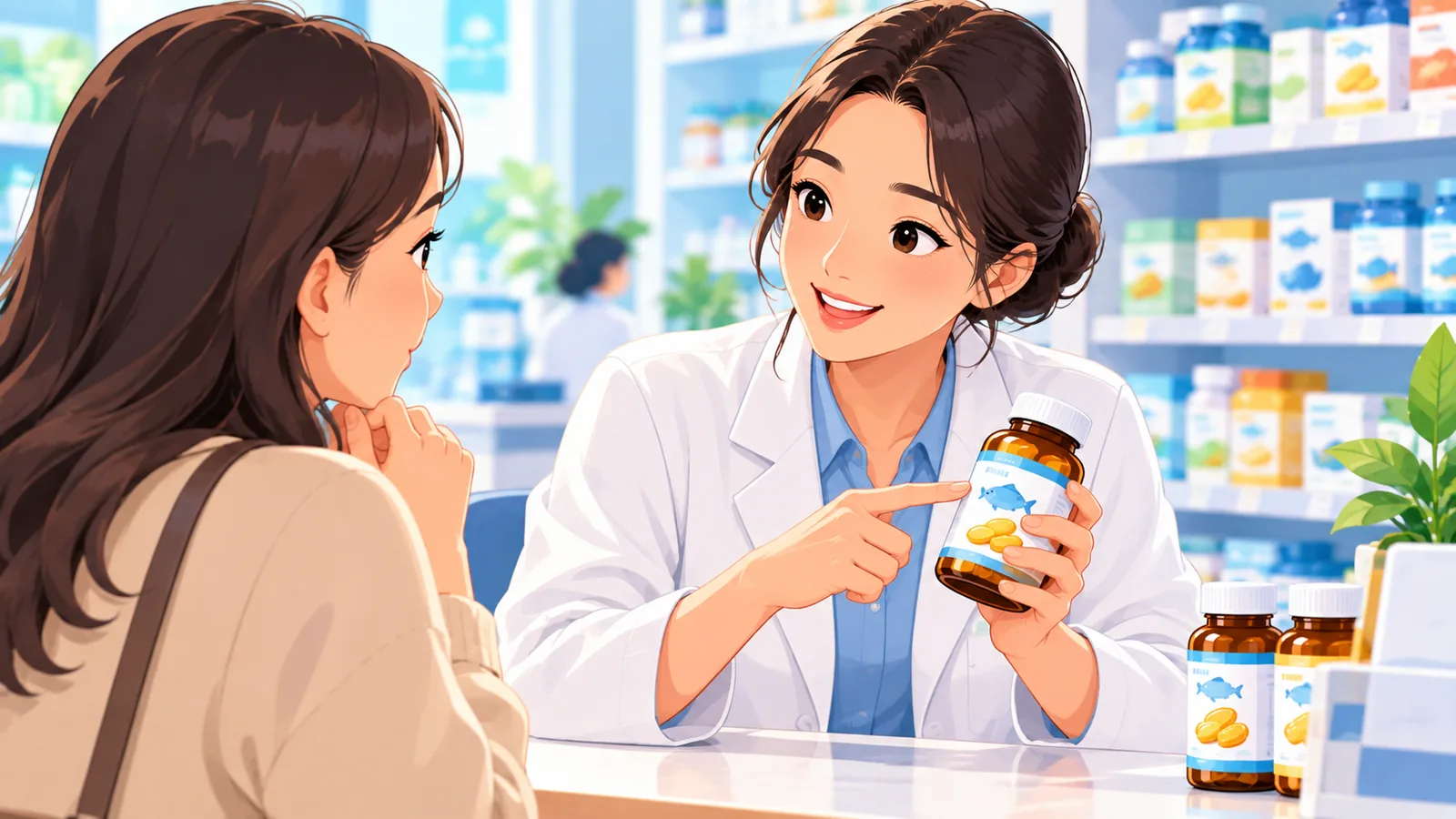 Pharmacist na nagpapaliwanag ng supplement sa isang customer