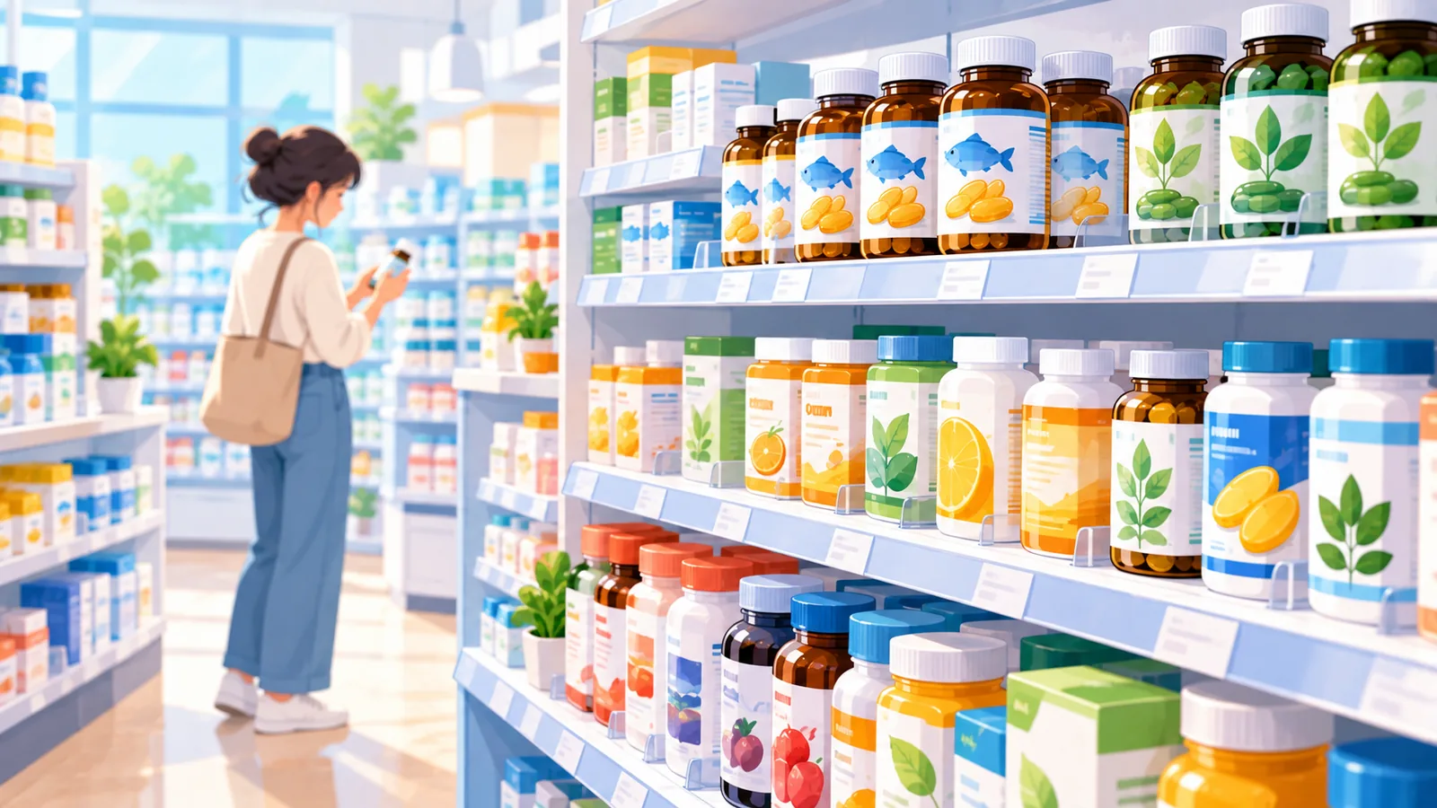Mga istante ng supplement sa isang botika