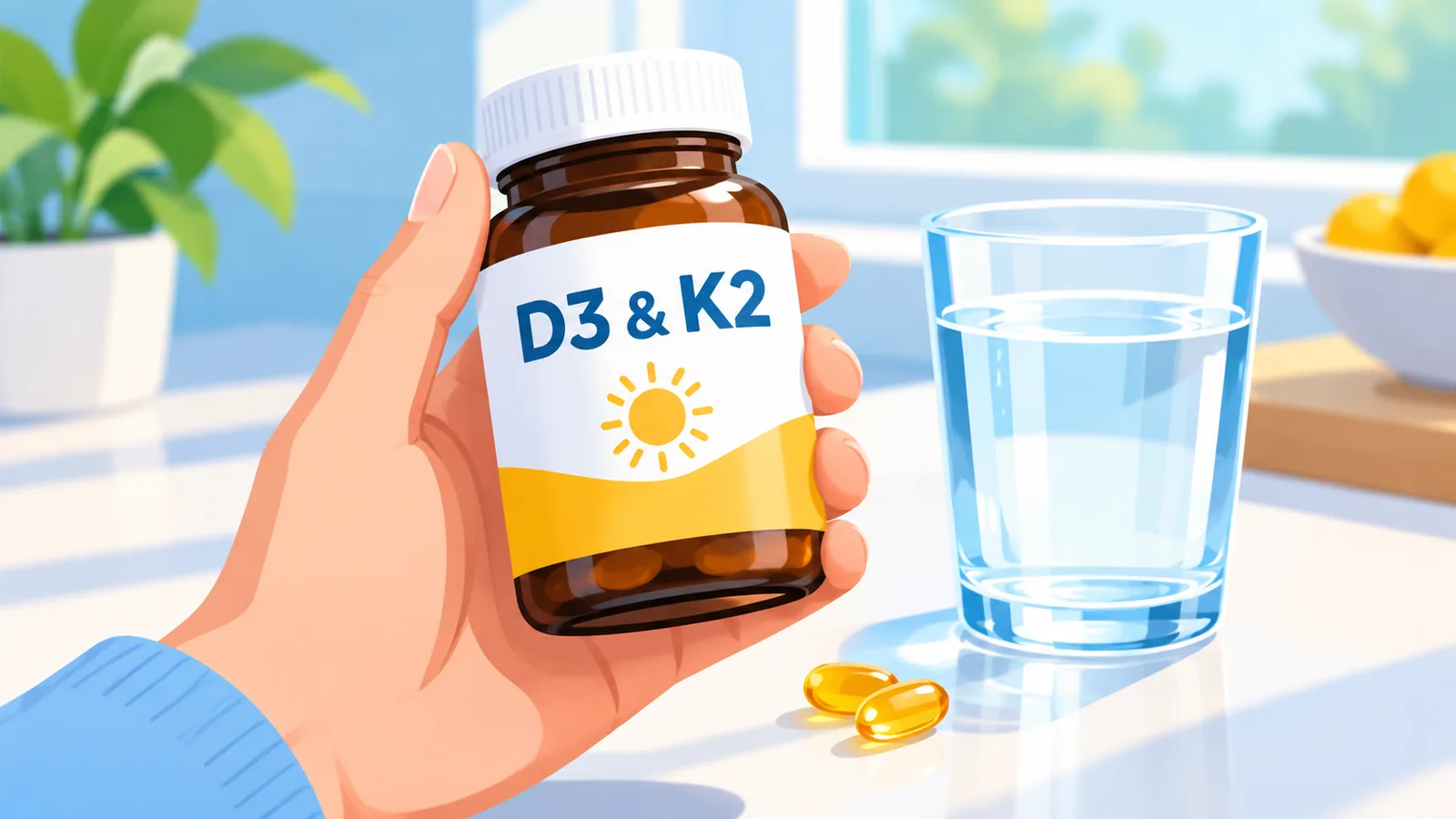 Kamay na may hawak na bote ng vitamin D3 at K2 sa tabi ng baso ng tubig