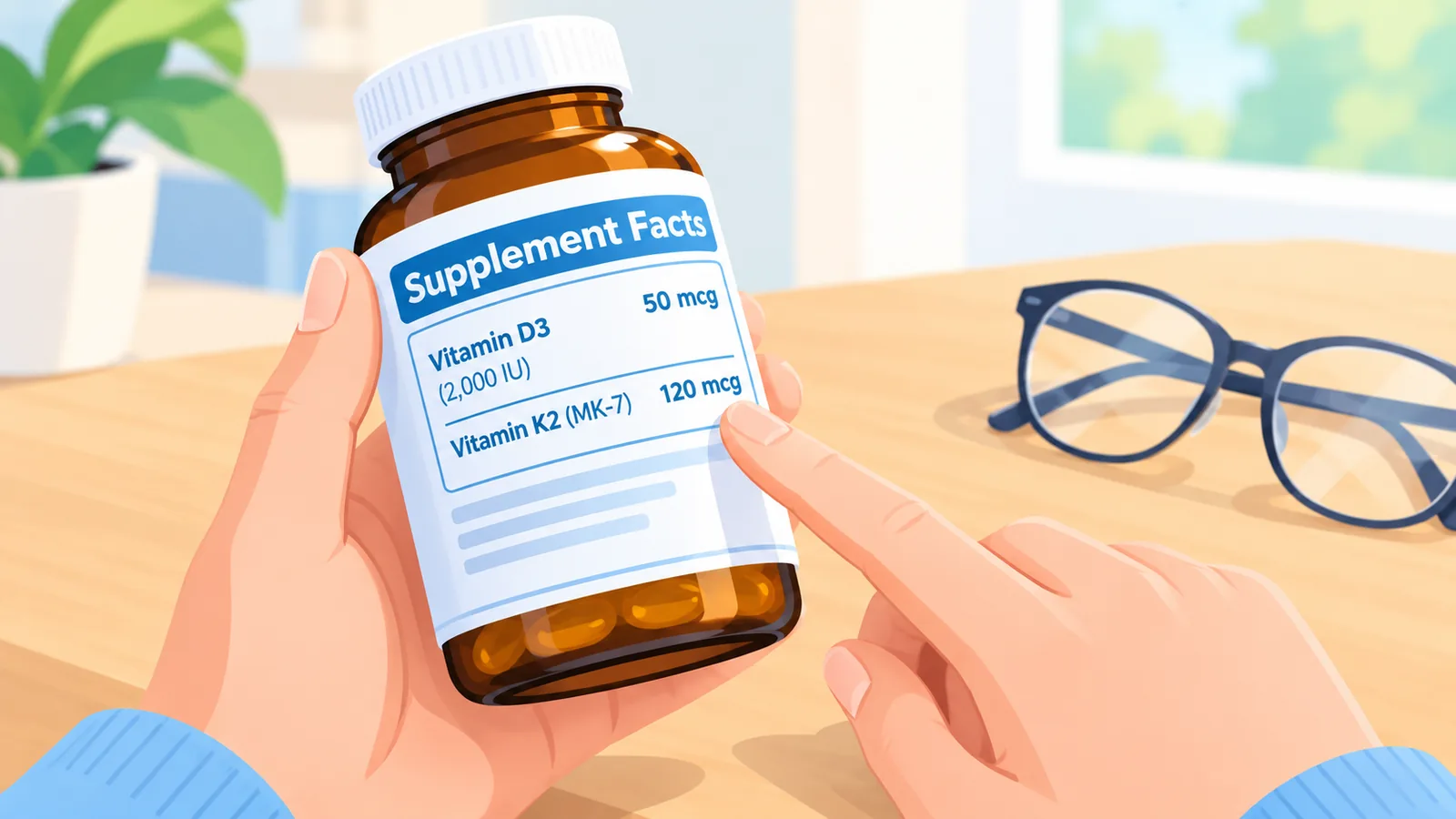 Kamay na nagbabasa ng supplement facts label sa bote
