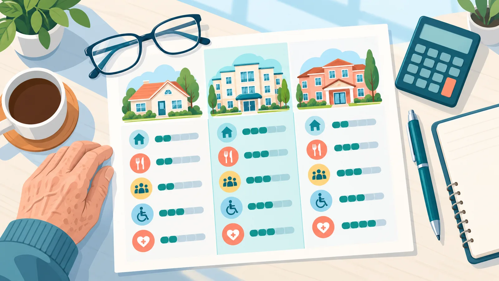 Mesang may talaan ng paghahambing ng mga uri ng retirement community