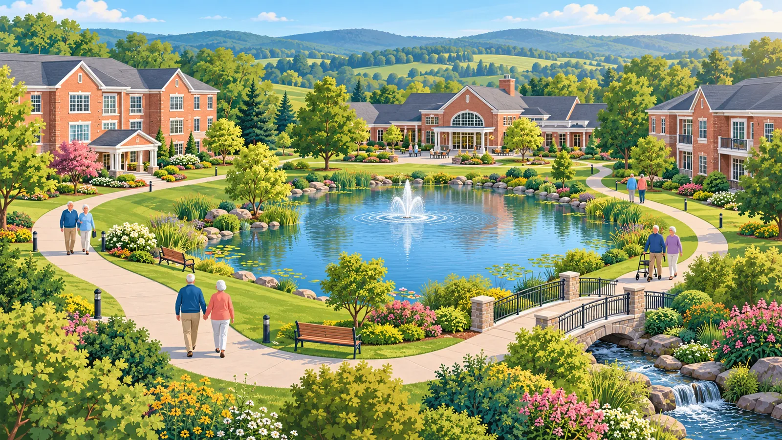 Campus ng life plan community sa Pennsylvania na may mga hardin at daanan