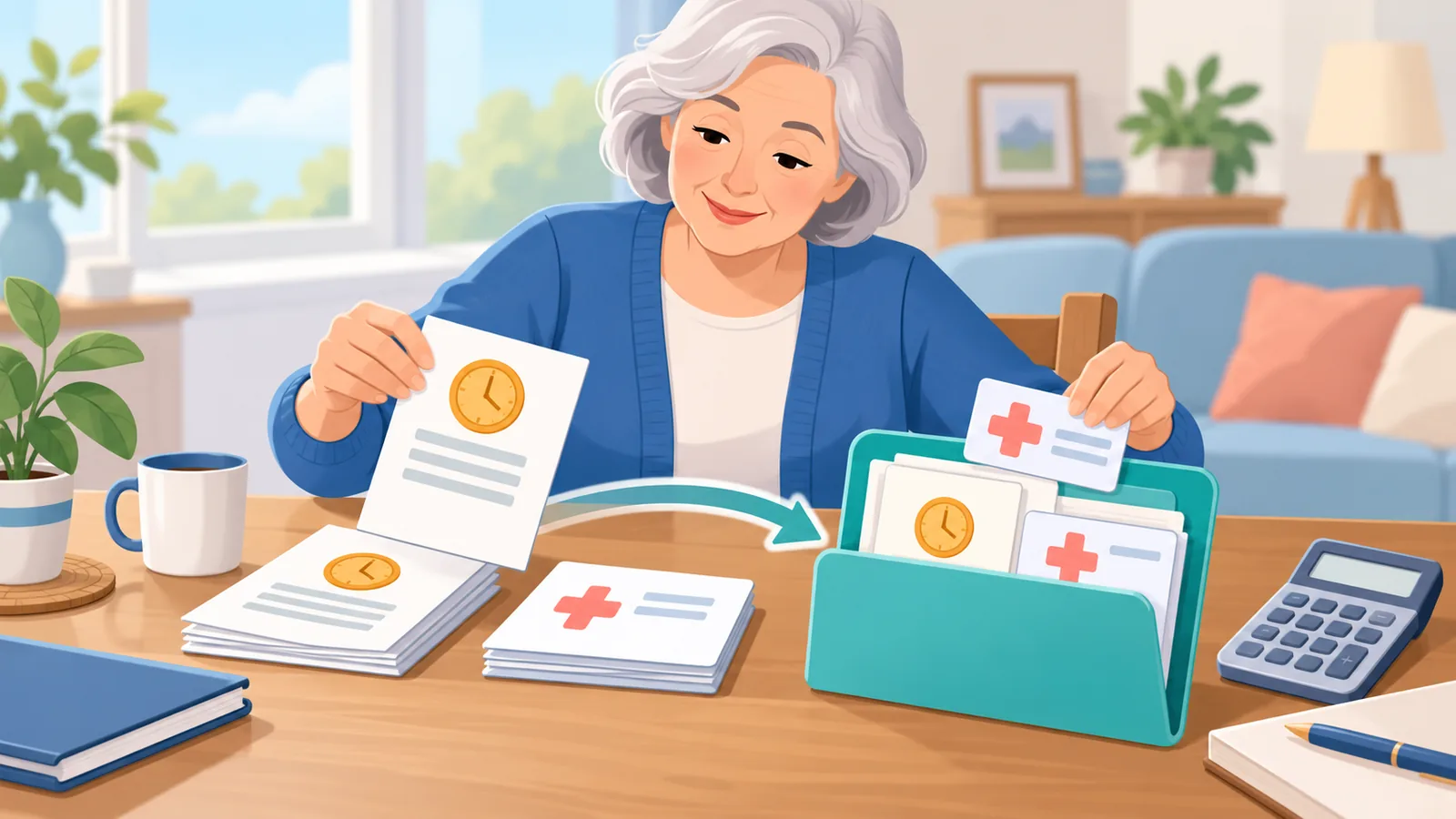 Retiree na inaayos ang mga dokumento ng pension at health insurance