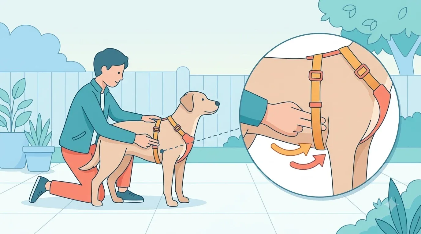 May-ari na sinusuri ang fit ng harness sa likod ng harapang binti ng aso