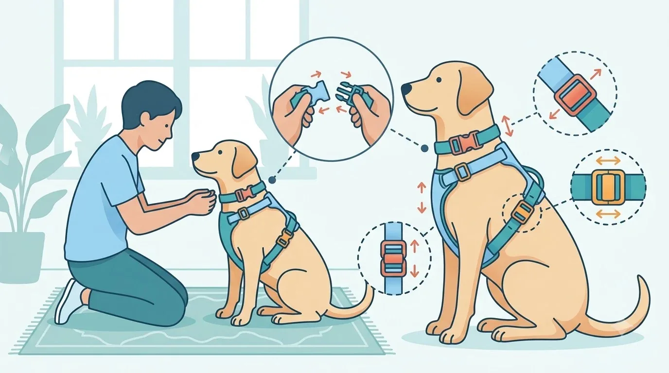Harness na maraming adjustment point at buckle sa leeg na hawak ng may-ari