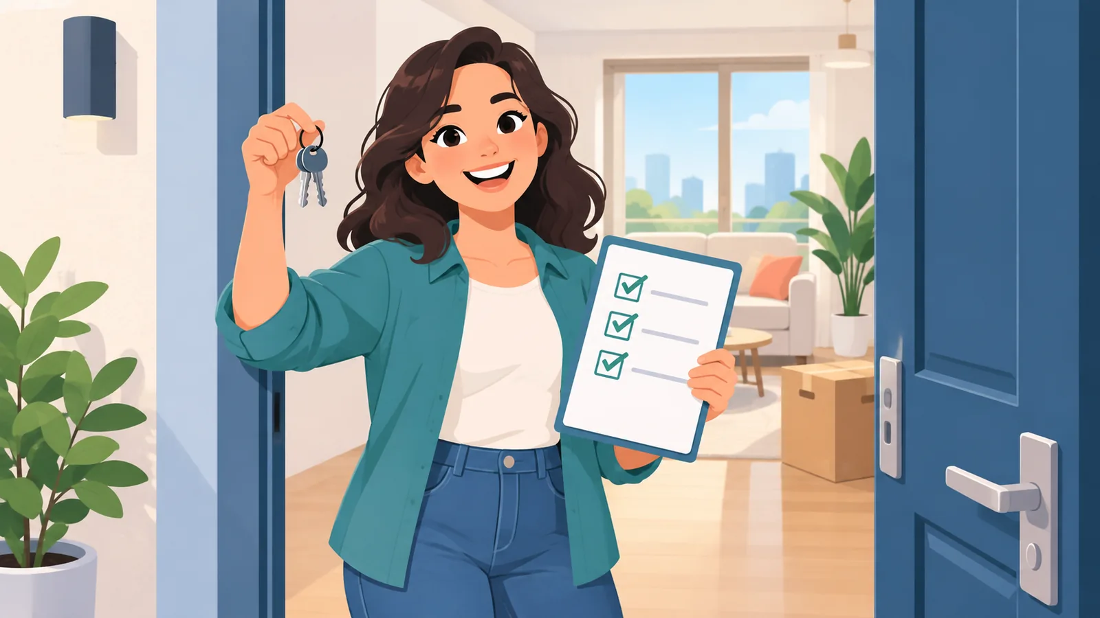 Taong may hawak na susi at checklist sa pinto ng bagong apartment