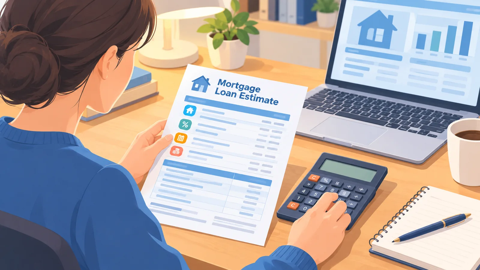 Taong sinusuri ang loan estimate ng mortgage sa mesa